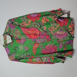 H&M green pink watercolor snap front jacket 12